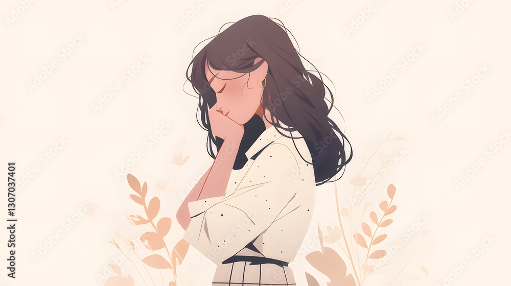 Woman, pensive, floral background, illustration, design Woman, pensive, floral background, illustration, design