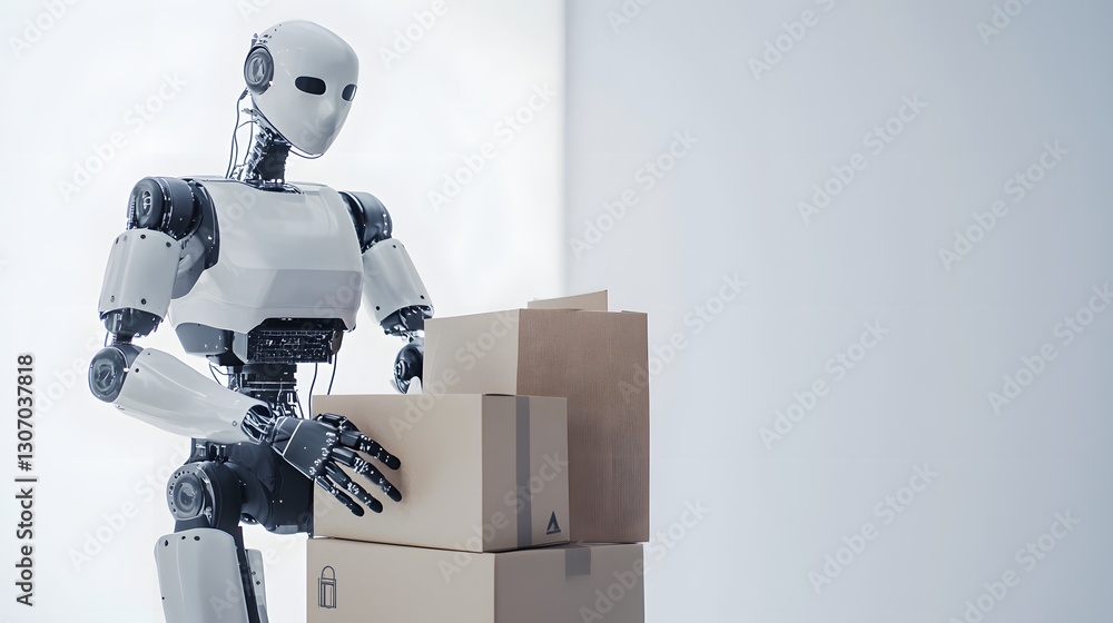 Naklejka premium Robot Working with Cardboard Boxes in Modern Warehouse Environment