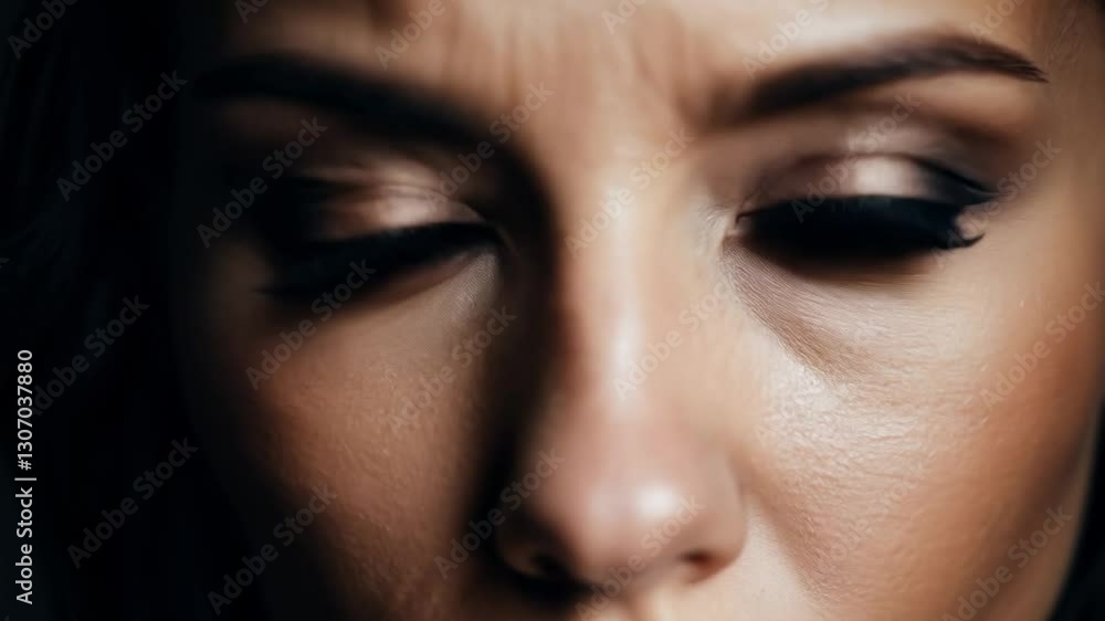 Slight handheld, harsh, direct light, a woman with wide expressive eyes opens them, looks intently, extreme close-up video, slight shake adds rawness, highlighting directness of her gaze Slight handheld, harsh, direct light, a woman with wide expressive eyes opens them, looks intently, extreme close-up video, slight shake adds rawness, highlighting directness of her gaze