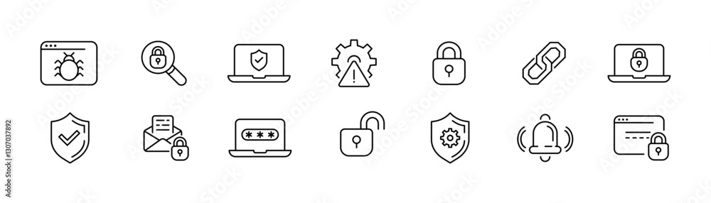 Vector icons depicting cybersecurity and data protection elements.