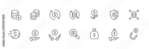 Vector icons set: economy, finance, business, growth, exchange.