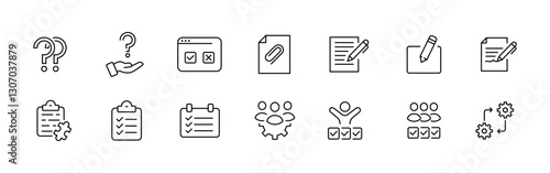 Vector icons set of question marks, documents, and teamwork symbols.