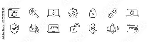 Vector icons depicting cybersecurity and data protection elements.
