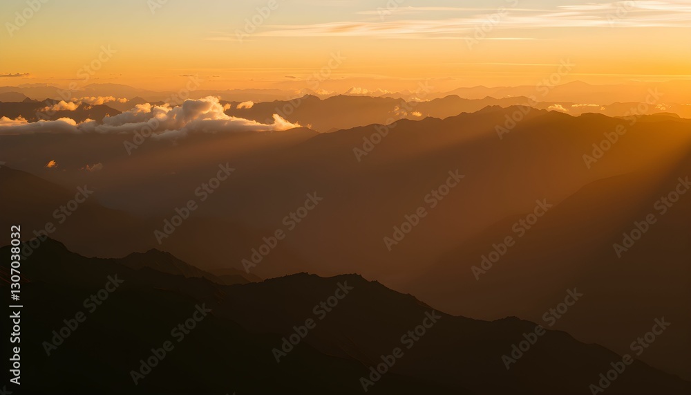 Fototapeta premium Golden Hour Over Mountain Ranges with Sun Rays and Cloudy Skies