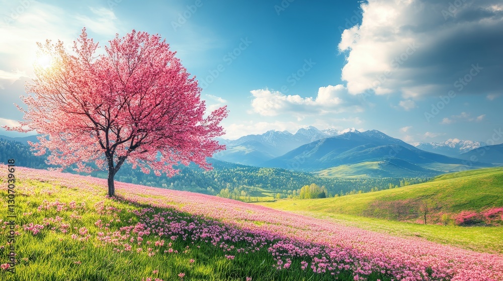 Vibrant spring landscape with blooming cherry tree on a sunny meadow surrounded by mountains and lush greenery