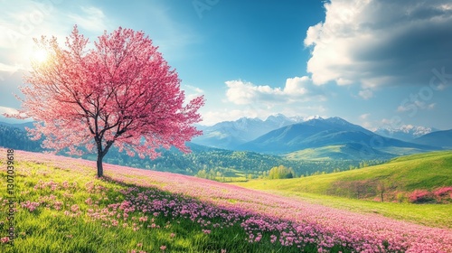 Vibrant spring landscape with blooming cherry tree on a sunny meadow surrounded by mountains and lush greenery