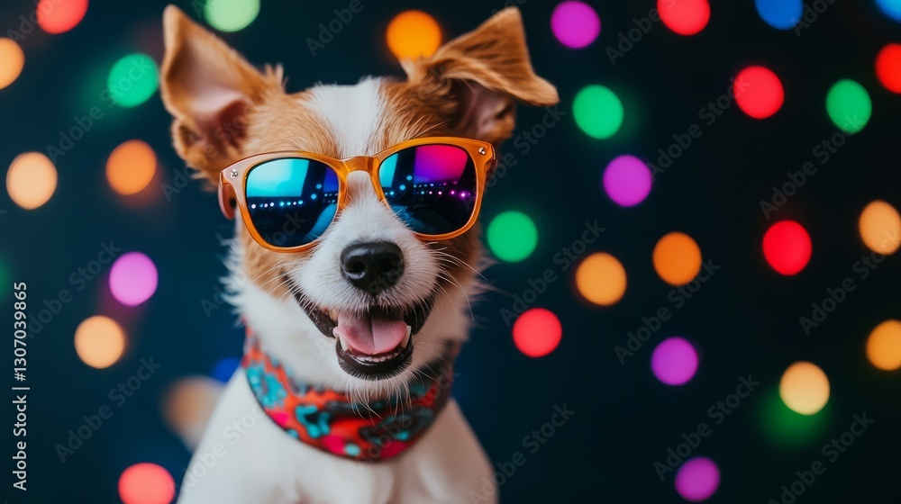 Fototapeta premium Adorable dog wearing flashy sunglasses and a colorful bandana dancing on a glittering disco floor, neon lights reflecting an array of colors all around