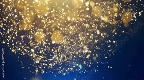 Warm, intimate lighting, slow zoom video, delicate shower of white and gold confetti, blurred blue background, sophisticated romantic mood