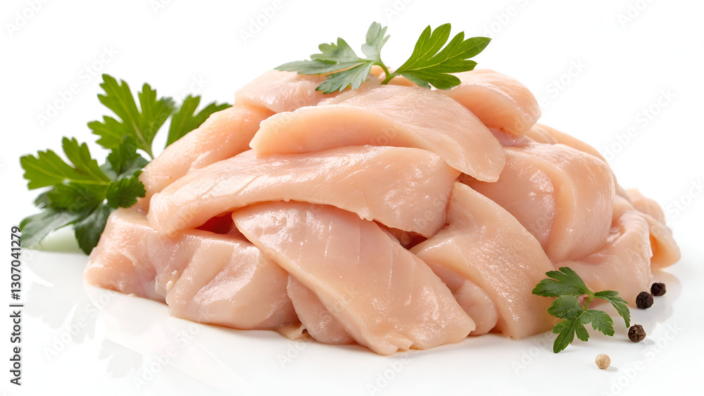 A heap of freshly pulled chicken meat, tender and juicy, isolated on a clean white background for a natural presentation. A heap of freshly pulled chicken meat, tender and juicy, isolated on a clean white background for a natural presentation.