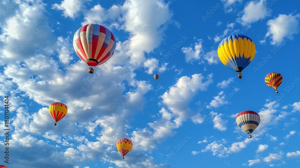 Colorful hot air balloons flying against clouds and sky Colorful hot air balloons flying against clouds and sky