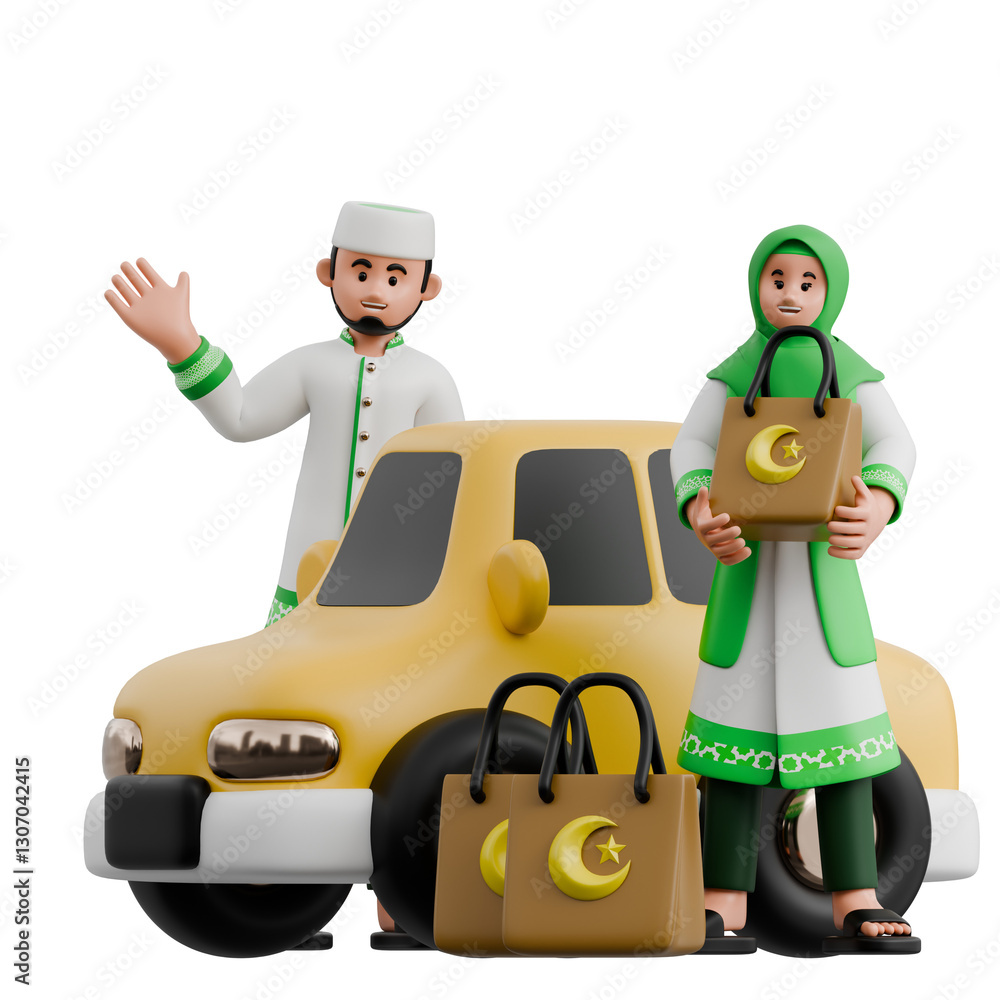 Obraz premium Muslim Couple Returning Home 3D Ramadan Illustration
