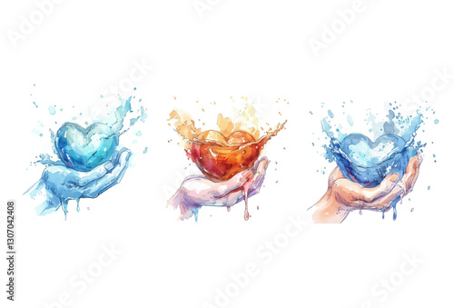 Hands holding heart. Love icon. Health, medicine symbol. Healthcare hands holding cold heart - stock vector