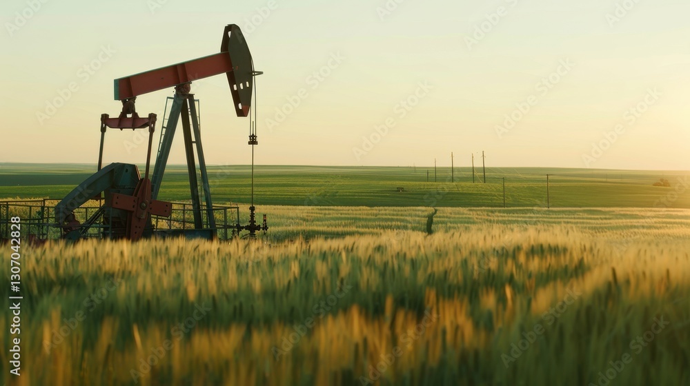 Naklejka premium Oil Pump Jack Amidst Lush Green Farmland at Golden Hour