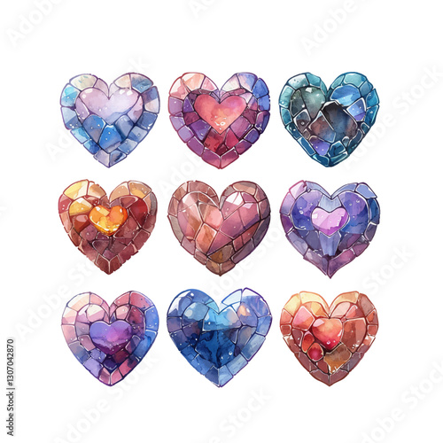 Set of graphic elements. Hearts made of crystals, vector illustration