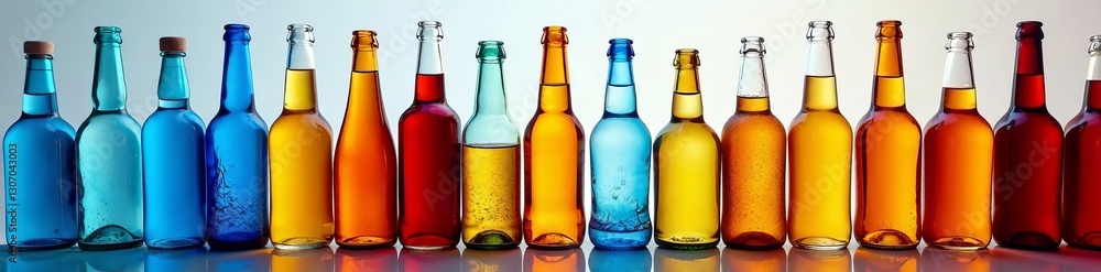 Colorful display of glass and plastic bottles in a row, diversity, recycling, choice Colorful display of glass and plastic bottles in a row, diversity, recycling, choice