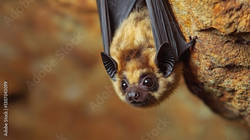 An exquisite bat perches inverted on a rugged rock edge, wings unfurled like delicate lace. Its sharp eyes peer towards the right, exuding an air of mystery and elegance in this intimate close-up photo