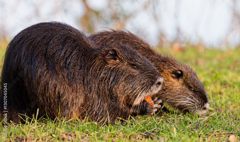 The nutria is an invasive species living along rivers in Germany in huge populations The nutria is an invasive species living along rivers in Germany in huge populations