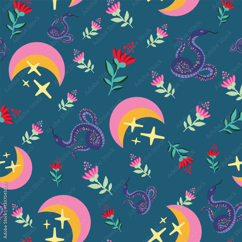 Naklejka premium Mystical pattern with moon, snake, flowers vector design