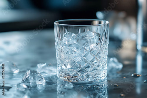 Wallpaper Mural Crystal Glass with Ice Cubes. Elegant crystal glass with ice cubes on reflective surface. Ideal for bar, restaurant, or luxury lifestyle themes. Torontodigital.ca