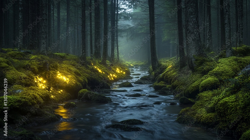Fototapeta premium A mystical river running through an ancient forest, glowing moss on trees