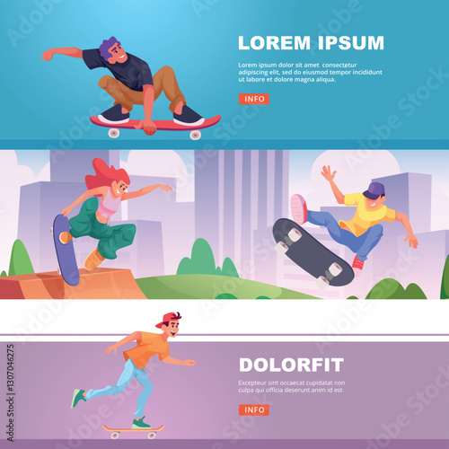 Skaters banners. Urban action freeride skaters riding and jumping