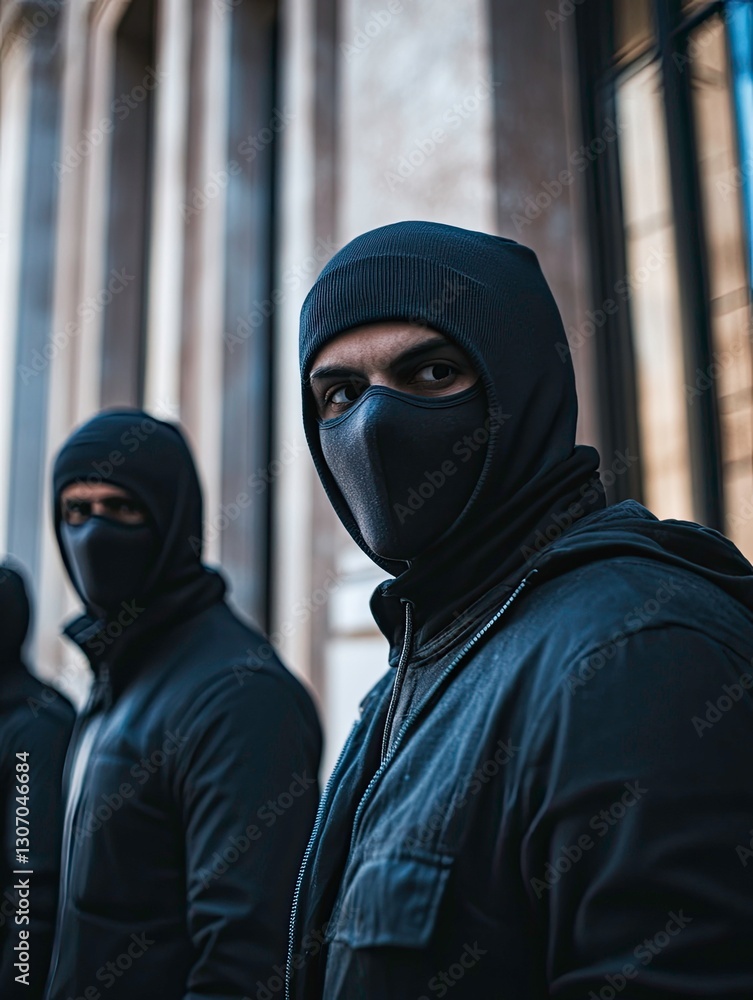Stealthy figures concealed in shadows, mystery cloaked in dark attire Stealthy figures concealed in shadows, mystery cloaked in dark attire