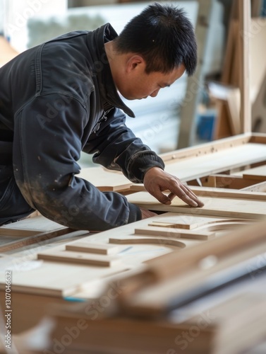 Furniture assembler focused on cabinet parts in a bright room
