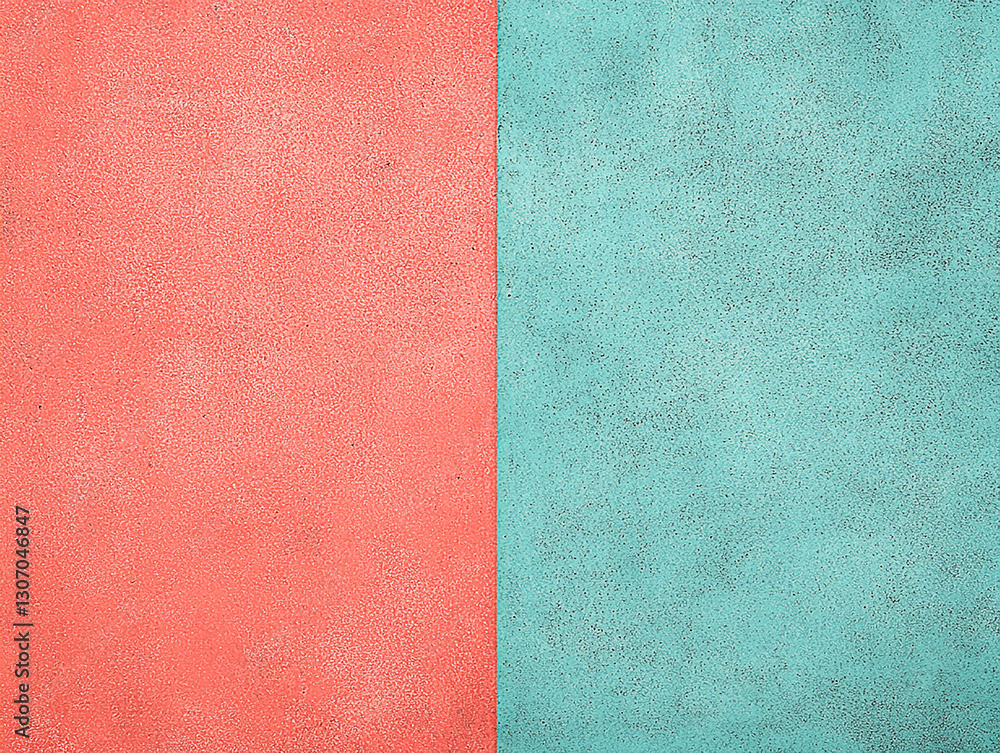 Fototapeta premium Split color texture background featuring coral and teal surfaces with subtle grain effects