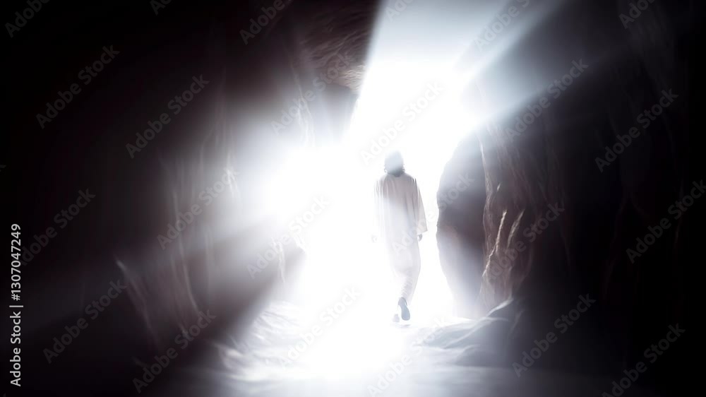 Jesus Christ risen from the dead, silhouette of Jesus walking out of a stone tomb toward bright light