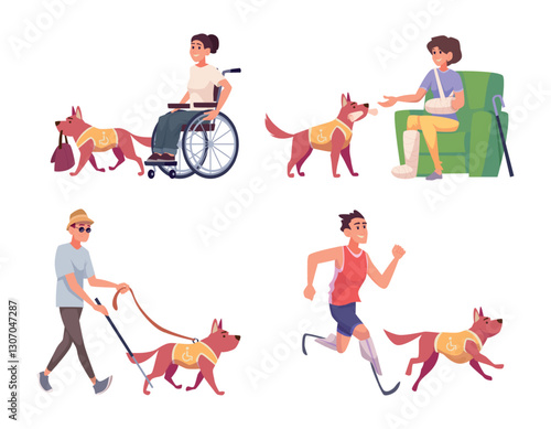 Disabilities people animal. A guide pet assistant for disability persons exact vector health care cartoon illustrations