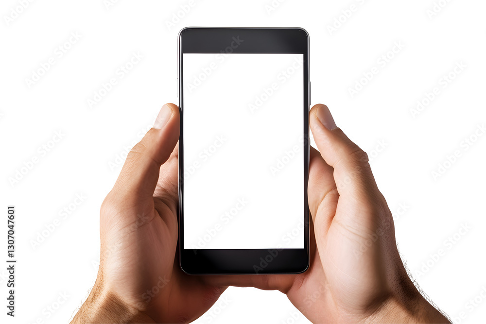 Hands holding smartphone with blank white screen, kept on white or transparent background Hands holding smartphone with blank white screen, kept on white or transparent background