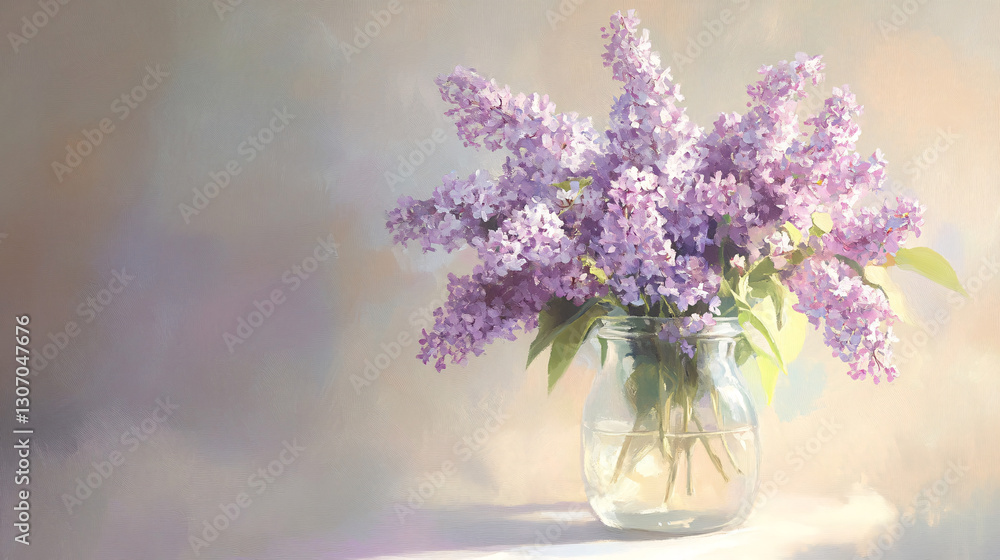 Fototapeta premium Serene Pastel Lilac Blooms in a Delicate Glass Vase for Home Decor