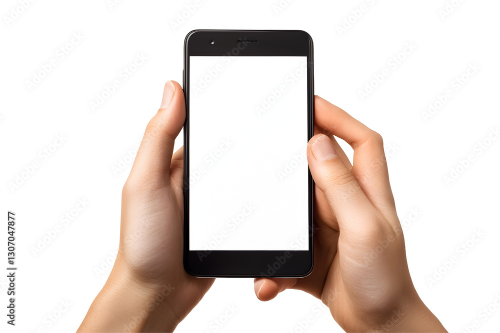 Hands holding smartphone with blank white screen, on white or transparent background Hands holding smartphone with blank white screen, on white or transparent background