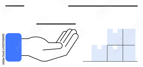 Hand offering support next to stacked boxes. Ideal for partnership, delivery, inventory, supply chain management, e-commerce, logistics, teamwork. Clean flat simple metaphor