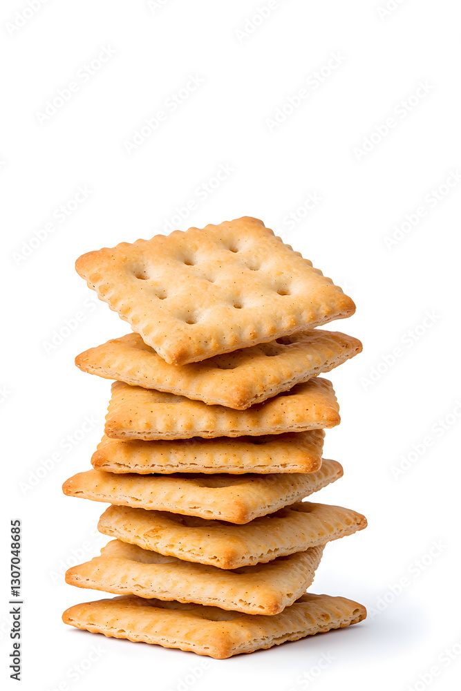 Stacked pile of crispy saltine crackers, isolated on white background Stacked pile of crispy saltine crackers, isolated on white background