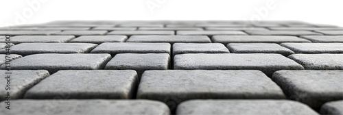 Perspective of neatly arranged paving stone blocks forming a pavement, on white or transparent background