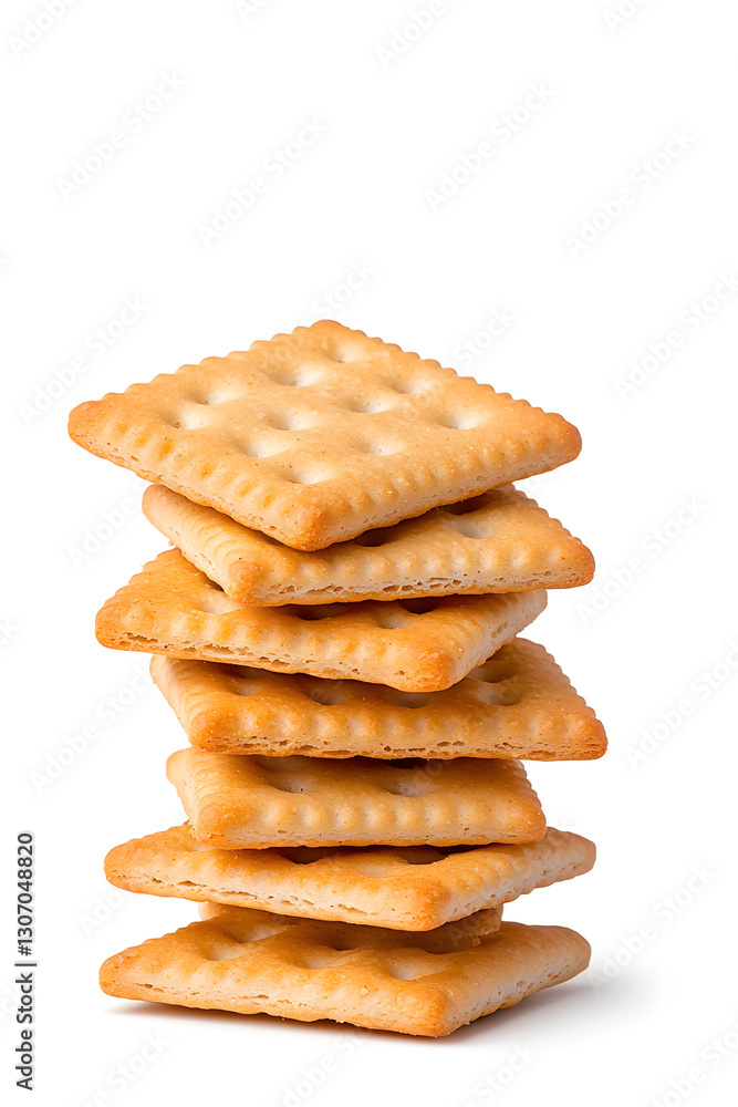 Stacked pile of crispy saltine crackers, isolated on white background Stacked pile of crispy saltine crackers, isolated on white background