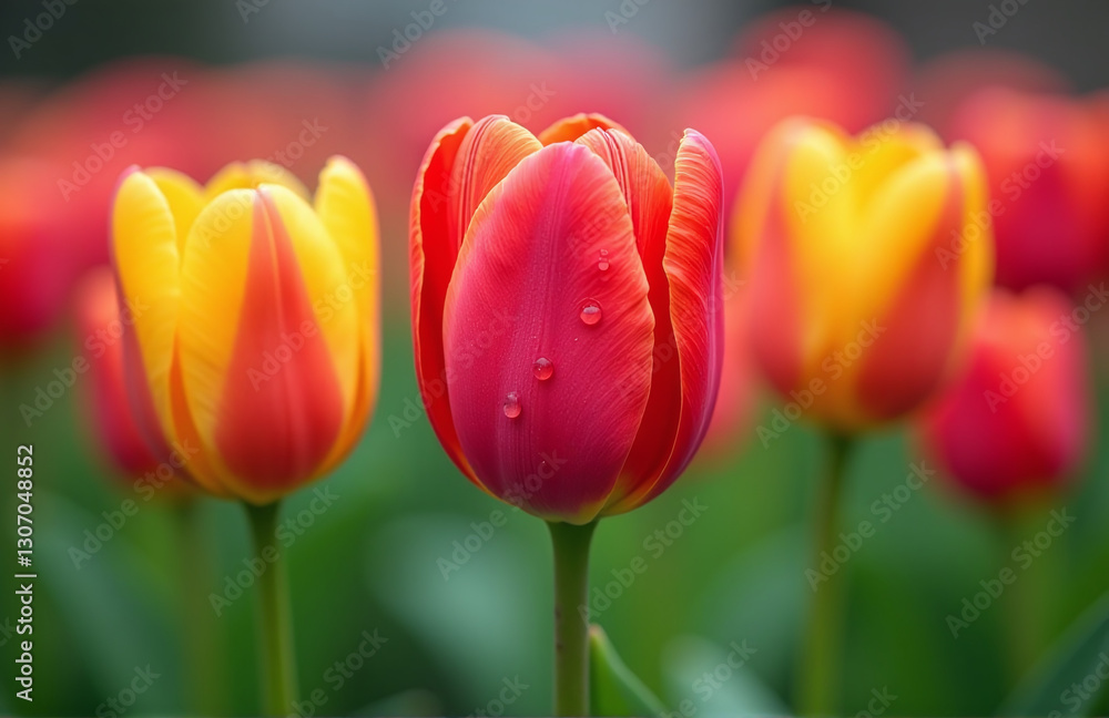 Vibrant Spring Tulips Attract Tiny Droplets Of Water Which Glisten On Delicate Petals Creating A Colorful Floral Scene. Vibrant Spring Tulips Attract Tiny Droplets Of Water Which Glisten On Delicate Petals Creating A Colorful Floral Scene.