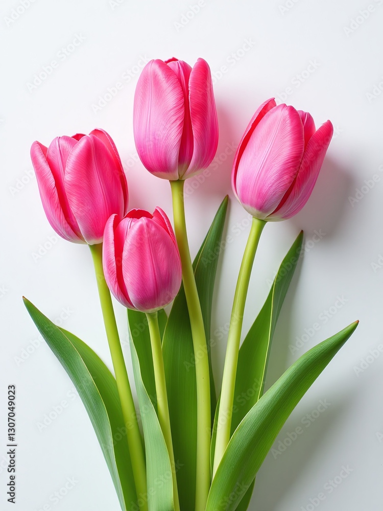 Vibrant Pink Tulips Adorn A Crisp White Canvas, Heralding The Arrival Of Warmer Days And The Beauty Of New Life. Vibrant Pink Tulips Adorn A Crisp White Canvas, Heralding The Arrival Of Warmer Days And The Beauty Of New Life.
