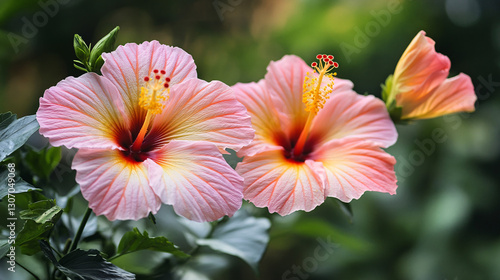 Wallpaper Mural Serene Tropical Beauty: Pastel-Colored Hibiscus Blossoms Adorning a Lush Garden Oasis Torontodigital.ca