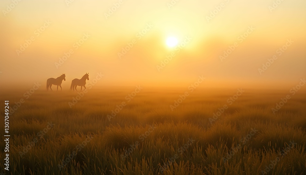 Horses Silhouetted in a Golden Foggy Sunrise Field Horses Silhouetted in a Golden Foggy Sunrise Field