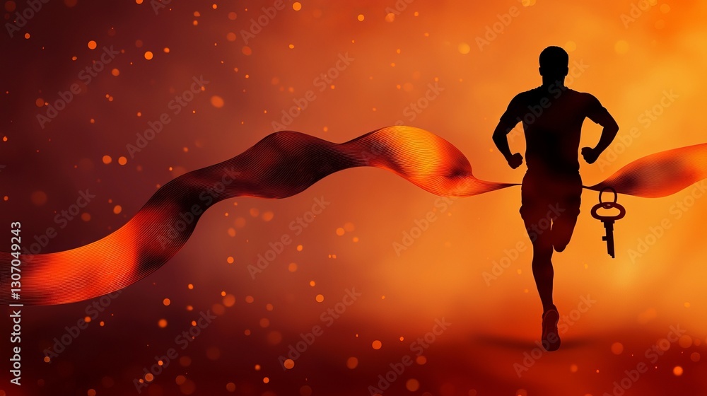 Naklejka premium Key discipline success passion solution. A silhouette of a runner in motion against a vibrant orange background, symbolizing energy, determination, and achievement.