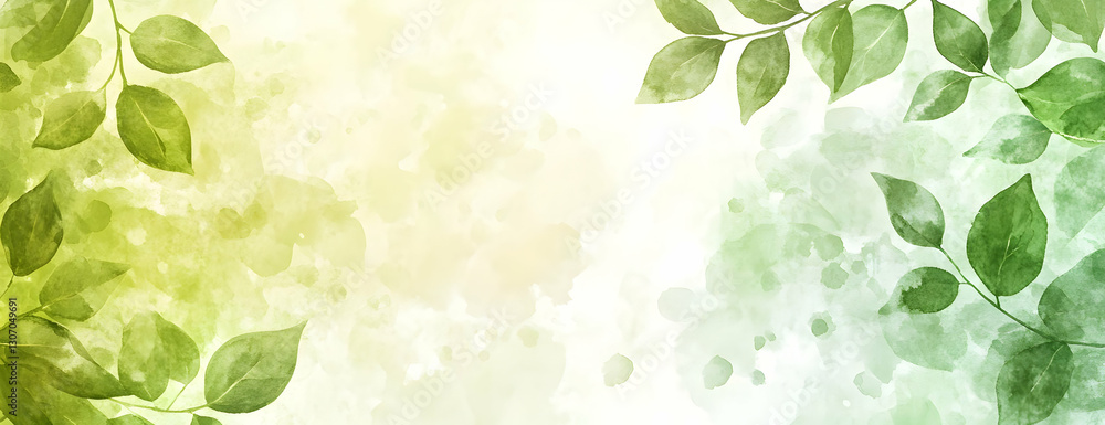 Fototapeta premium Green leaves watercolor spring banner