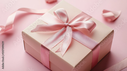 beautifully wrapped gift box with soft satin ribbon on pink background, perfect for celebrations and special occasions