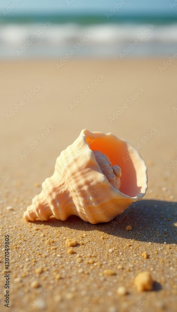 Close-up of a single seashell on sandy beach surface, isolated, sand, texture Close-up of a single seashell on sandy beach surface, isolated, sand, texture