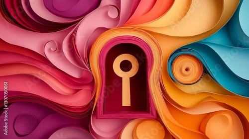 Wallpaper Mural Key discipline success passion solution. A vibrant, colorful abstract design featuring a keyhole, surrounded by swirling paper-like shapes in various hues. Torontodigital.ca
