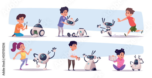 Robotic kids. Education services for little characters androids connected with kids exact vector flat concept illustration