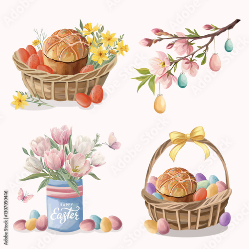 Easter compositions with easter bread colored eggs spring flowers in twigs basket