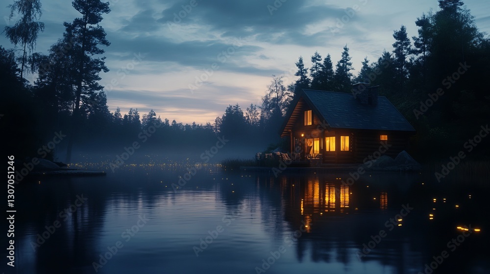 Fototapeta premium A serene lakeside cabin at dusk, fireflies glowing, calm water