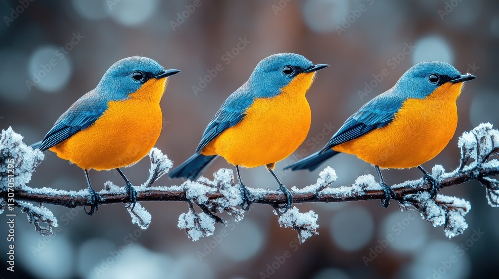 Obraz premium Three birds perched on snowy branch, winter forest